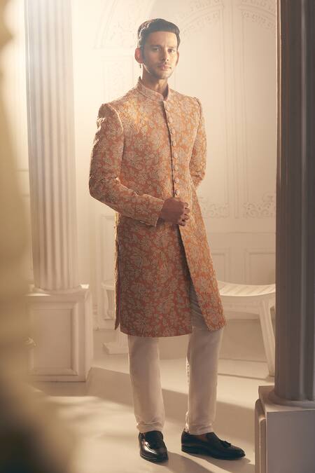 Shop_Aariyana Couture_Orange Silk, Organza Embroidery Floral Sherwani And Pant Set_Online_at_Aza_Fashions