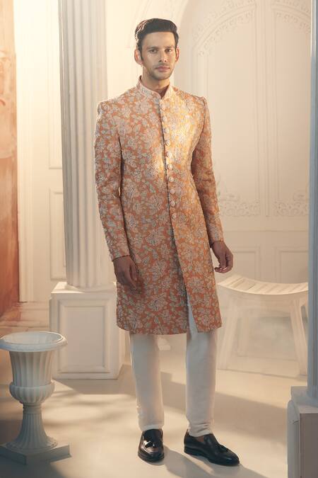 Aariyana Couture_Orange Silk, Organza Embroidery Floral Sherwani And Pant Set_at_Aza_Fashions