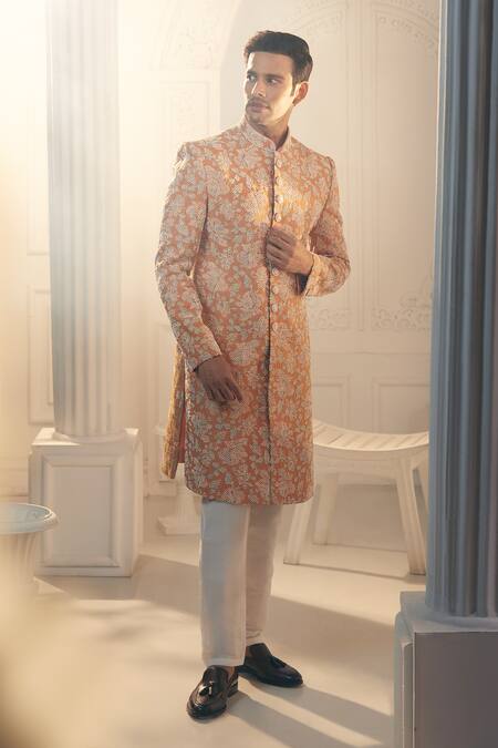 Buy_Aariyana Couture_Orange Silk, Organza Embroidery Floral Sherwani And Pant Set