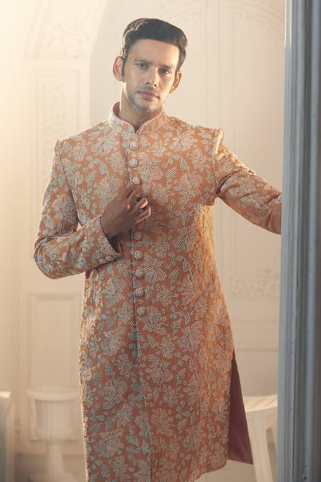 Shop_Aariyana Couture_Orange Silk, Organza Embroidery Floral Sherwani And Pant Set