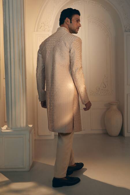 Shop_Aariyana Couture_Beige Satin, Silk Cut Work, Embroidery Sherwani And Pant Set_at_Aza_Fashions