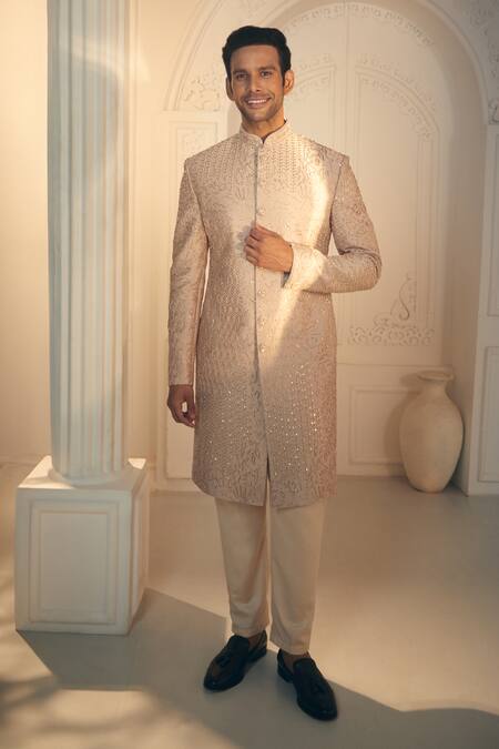 Aariyana Couture_Beige Satin, Silk Cut Work, Embroidery Sherwani And Pant Set_Online_at_Aza_Fashions
