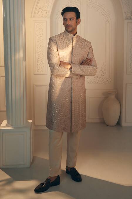 Buy_Aariyana Couture_Beige Satin, Silk Cut Work, Embroidery Sherwani And Pant Set_Online_at_Aza_Fashions