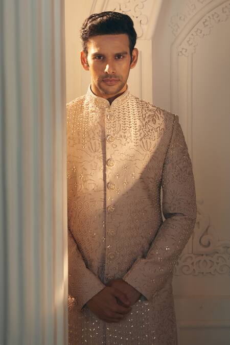 Shop_Aariyana Couture_Beige Satin, Silk Cut Work, Embroidery Sherwani And Pant Set_Online_at_Aza_Fashions