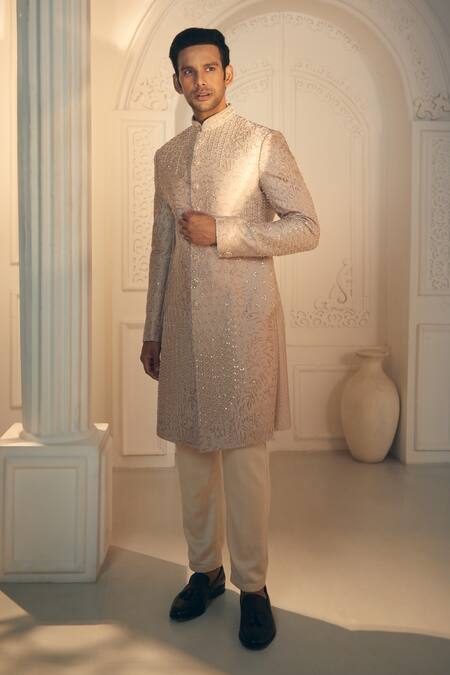 Aariyana Couture_Beige Satin, Silk Cut Work, Embroidery Sherwani And Pant Set_at_Aza_Fashions