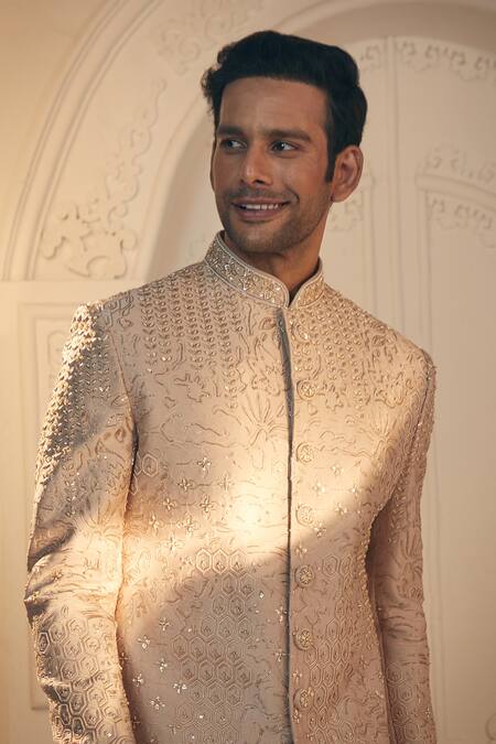 Buy_Aariyana Couture_Beige Satin, Silk Cut Work, Embroidery Sherwani And Pant Set