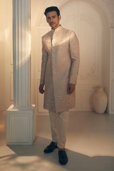 Shop_Aariyana Couture_Beige Satin, Silk Cut Work, Embroidery Sherwani And Pant Set