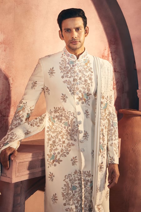 Buy_Aariyana Couture_Off White Polyester, Viscose, Satin Floral Embroidered Sherwani Jacket Set_Online_at_Aza_Fashions