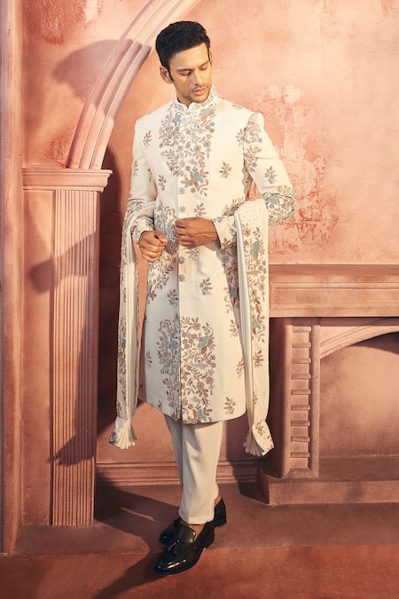 Shop_Aariyana Couture_Off White Polyester, Viscose, Satin Floral Embroidered Sherwani Jacket Set_Online_at_Aza_Fashions