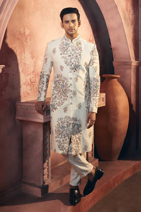Aariyana Couture_Off White Polyester, Viscose, Satin Floral Embroidered Sherwani Jacket Set_at_Aza_Fashions