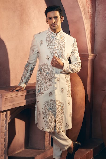 Buy_Aariyana Couture_Off White Polyester, Viscose, Satin Floral Embroidered Sherwani Jacket Set