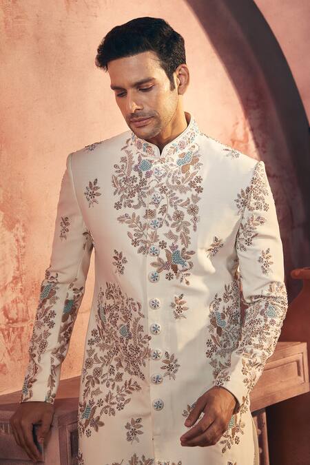 Shop_Aariyana Couture_Off White Polyester, Viscose, Satin Floral Embroidered Sherwani Jacket Set