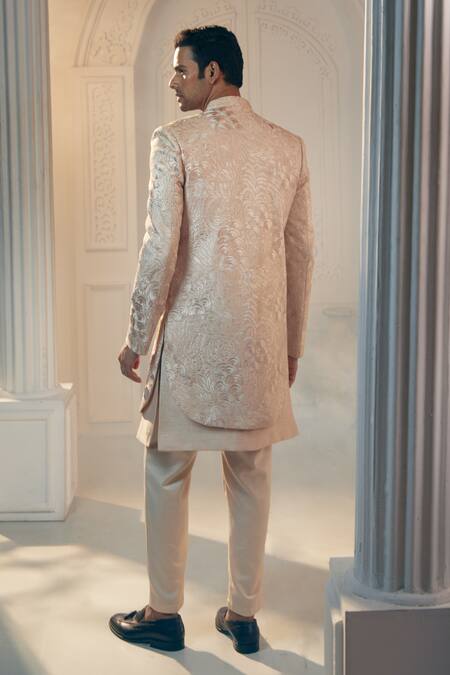 Shop Aariyana Couture Beige Silk, Satin Embroidery Self Floral Sherwani Pant Set at Aza Fashions Shop_Aariyana Couture_Beige Silk, Satin Embroidery Self Floral Sherwani Pant Set_at_Aza_Fashions