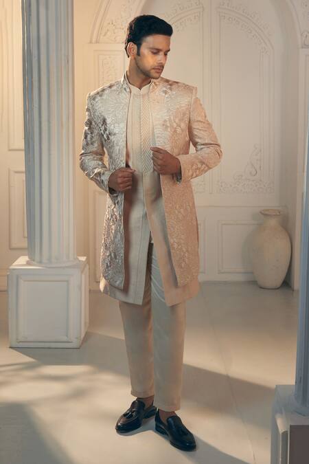 Aariyana Couture Beige Silk, Satin Embroidery Self Floral Sherwani Pant Set Online at Aza Fashions Aariyana Couture_Beige Silk, Satin Embroidery Self Floral Sherwani Pant Set_Online_at_Aza_Fashions
