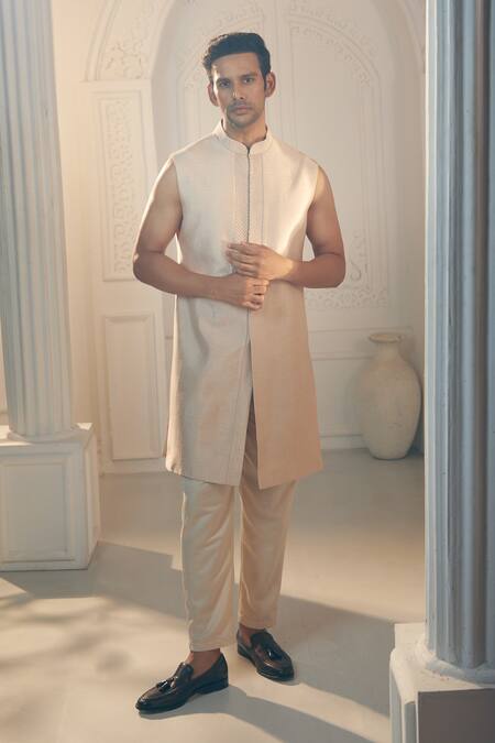 Shop Aariyana Couture Beige Silk, Satin Embroidery Self Floral Sherwani Pant Set Online at Aza Fashions Shop_Aariyana Couture_Beige Silk, Satin Embroidery Self Floral Sherwani Pant Set_Online_at_Aza_Fashions