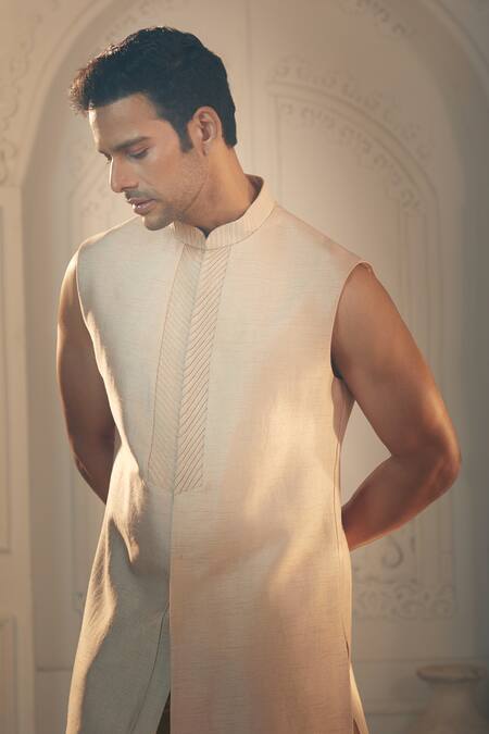 Aariyana Couture Beige Silk, Satin Embroidery Self Floral Sherwani Pant Set at Aza Fashions Aariyana Couture_Beige Silk, Satin Embroidery Self Floral Sherwani Pant Set_at_Aza_Fashions