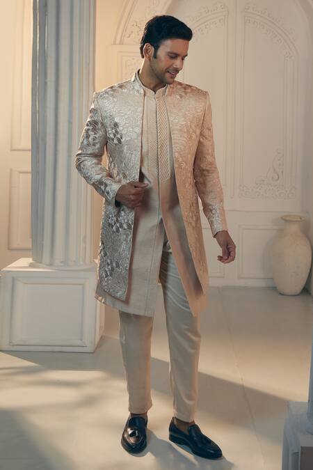 Buy Aariyana Couture Beige Silk, Satin Embroidery Self Floral Sherwani Pant Set Buy_Aariyana Couture_Beige Silk, Satin Embroidery Self Floral Sherwani Pant Set