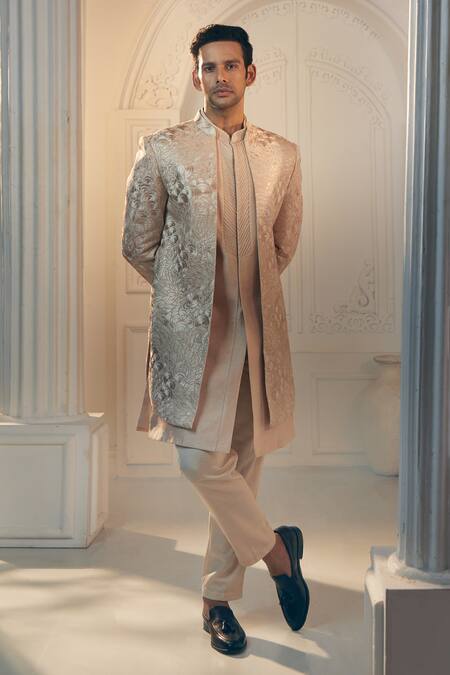 Shop Aariyana Couture Beige Silk, Satin Embroidery Self Floral Sherwani Pant Set Shop_Aariyana Couture_Beige Silk, Satin Embroidery Self Floral Sherwani Pant Set