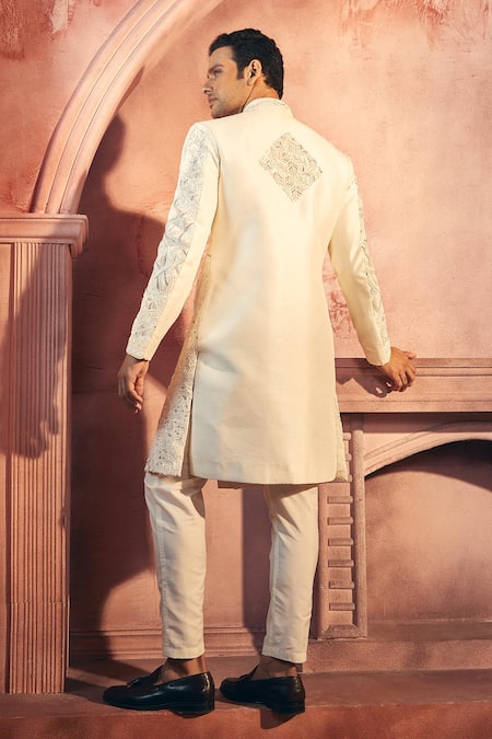 Shop_Aariyana Couture_White Silk, Satin Sequins, Embroidery Sherwani And Pant Set_at_Aza_Fashions