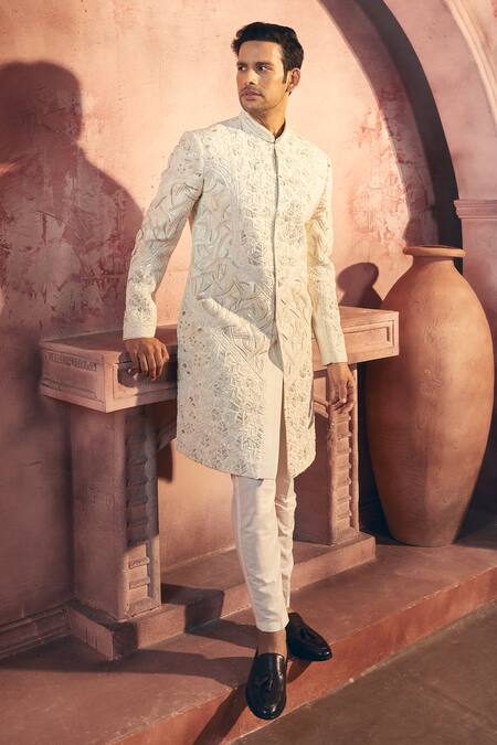 Aariyana Couture_White Silk, Satin Sequins, Embroidery Sherwani And Pant Set_Online_at_Aza_Fashions