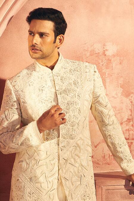 Buy_Aariyana Couture_White Silk, Satin Sequins, Embroidery Sherwani And Pant Set_Online_at_Aza_Fashions