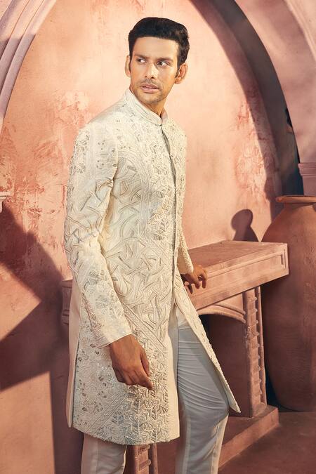Shop_Aariyana Couture_White Silk, Satin Sequins, Embroidery Sherwani And Pant Set_Online_at_Aza_Fashions