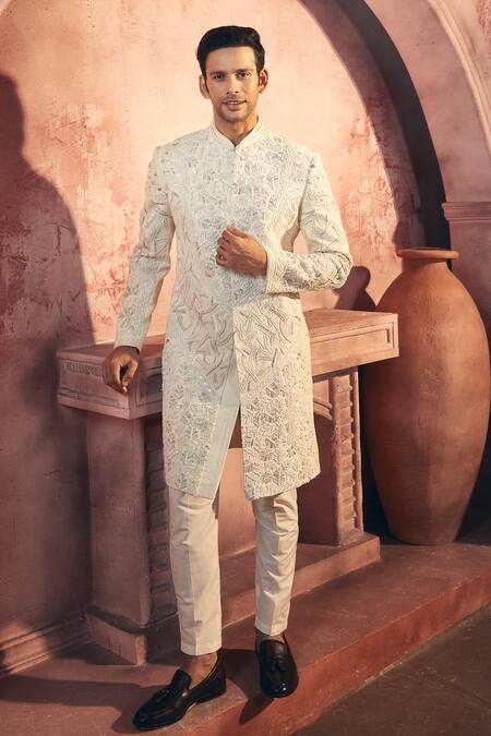 Aariyana Couture_White Silk, Satin Sequins, Embroidery Sherwani And Pant Set_at_Aza_Fashions
