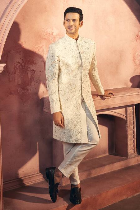 Buy_Aariyana Couture_White Silk, Satin Sequins, Embroidery Sherwani And Pant Set