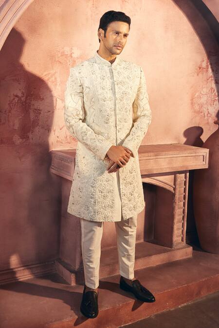 Shop_Aariyana Couture_White Silk, Satin Sequins, Embroidery Sherwani And Pant Set