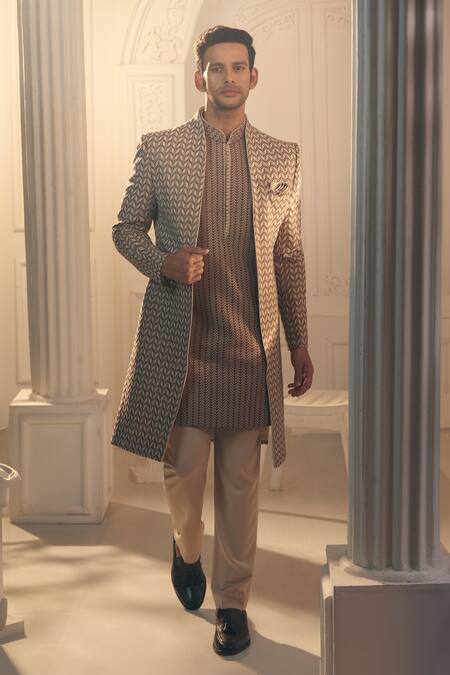 Aariyana Couture Beige Polyester, Silk Embroidery Thread Sherwani And Pant Set Online at Aza Fashions Aariyana Couture_Beige Polyester, Silk Embroidery Thread Sherwani And Pant Set_Online_at_Aza_Fashions