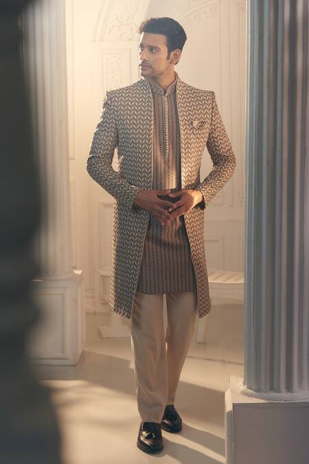 Aariyana Couture Beige Polyester, Silk Embroidery Thread Sherwani And Pant Set at Aza Fashions Aariyana Couture_Beige Polyester, Silk Embroidery Thread Sherwani And Pant Set_at_Aza_Fashions