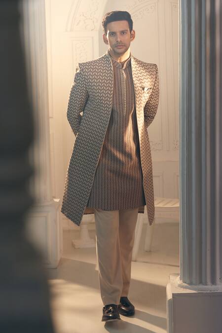 Buy Aariyana Couture Beige Polyester, Silk Embroidery Thread Sherwani And Pant Set Buy_Aariyana Couture_Beige Polyester, Silk Embroidery Thread Sherwani And Pant Set