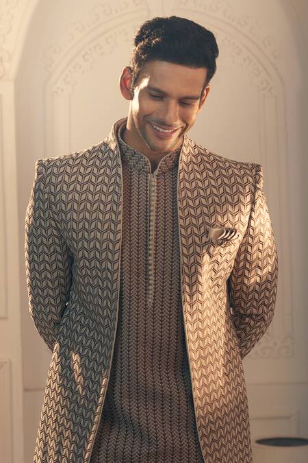 Shop Aariyana Couture Beige Polyester, Silk Embroidery Thread Sherwani And Pant Set Shop_Aariyana Couture_Beige Polyester, Silk Embroidery Thread Sherwani And Pant Set