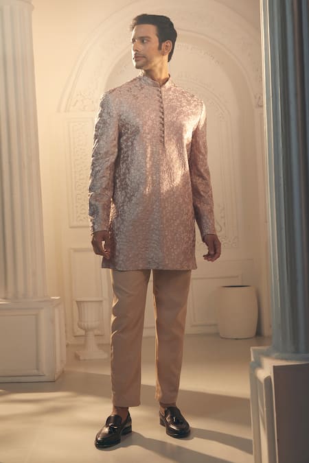Aariyana Couture_Purple Silk, Satin Embroidery Self Thread Sherwani And Pant Set_Online_at_Aza_Fashions