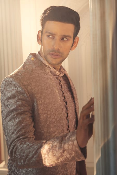 Buy_Aariyana Couture_Purple Silk, Satin Embroidery Self Thread Sherwani And Pant Set_Online_at_Aza_Fashions