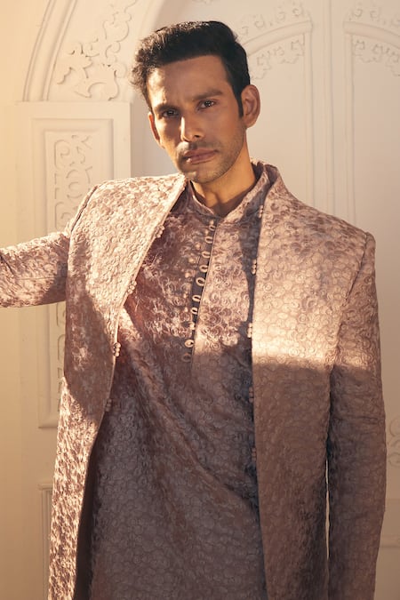 Shop_Aariyana Couture_Purple Silk, Satin Embroidery Self Thread Sherwani And Pant Set_Online_at_Aza_Fashions