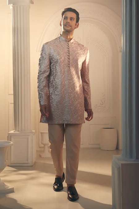 Aariyana Couture_Purple Silk, Satin Embroidery Self Thread Sherwani And Pant Set_at_Aza_Fashions