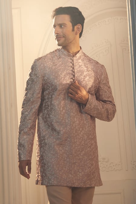 Shop_Aariyana Couture_Purple Silk, Satin Embroidery Self Thread Sherwani And Pant Set