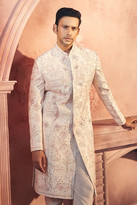 Aariyana Couture_Pink Silk, Satin Cut Work, Beads Floral Cutdana Embroidered Sherwani And Pant Set_Online_at_Aza_Fashions
