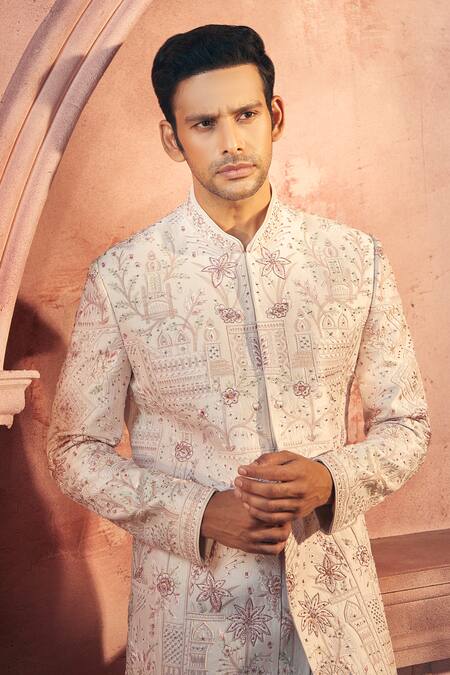 Buy_Aariyana Couture_Pink Silk, Satin Cut Work, Beads Floral Cutdana Embroidered Sherwani And Pant Set_Online_at_Aza_Fashions