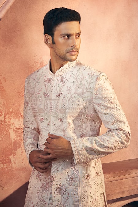 Shop_Aariyana Couture_Pink Silk, Satin Cut Work, Beads Floral Cutdana Embroidered Sherwani And Pant Set_Online_at_Aza_Fashions