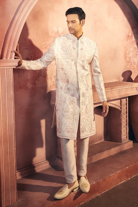 Buy_Aariyana Couture_Pink Silk, Satin Cut Work, Beads Floral Cutdana Embroidered Sherwani And Pant Set