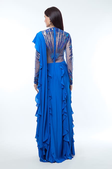 Vivek Patel Teal Abstract Radial Embellished Saree Gown 