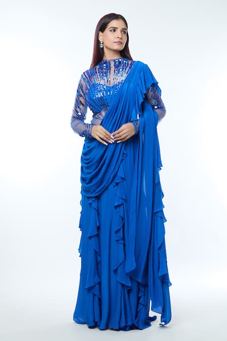 Vivek Patel_Blue Crepe Pearls, Sequins, Beads, Teal Abstract Radial Embellished Saree Gown _Online_at_Aza_Fashions