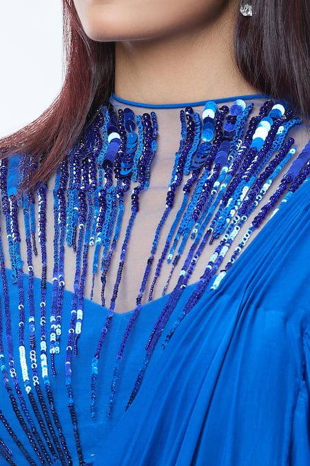 Shop_Vivek Patel_Blue Crepe Pearls, Sequins, Beads, Teal Abstract Radial Embellished Saree Gown _Online_at_Aza_Fashions