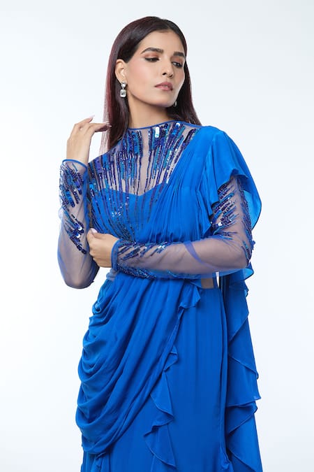 Vivek Patel_Blue Crepe Pearls, Sequins, Beads, Teal Abstract Radial Embellished Saree Gown _at_Aza_Fashions