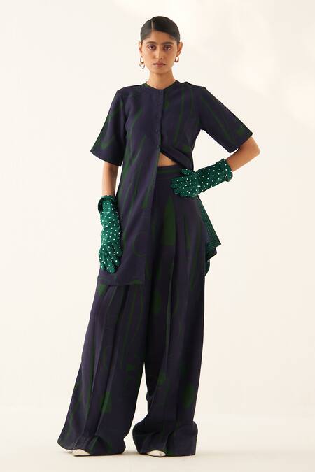 OFRIDA_Blue Cotton, Linen Mandarin Collar Last Mist Abstract Hand Painted Top_Online_at_Aza_Fashions