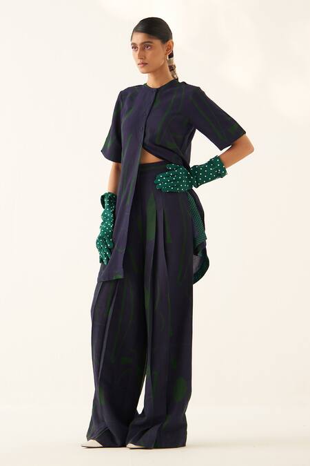 Buy_OFRIDA_Blue Cotton, Linen Mandarin Collar Last Mist Abstract Hand Painted Top_Online_at_Aza_Fashions