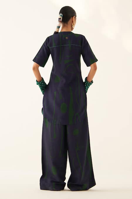 Shop_OFRIDA_Blue Cotton, Linen Last Mist Hand Painted Pleated Pant_at_Aza_Fashions