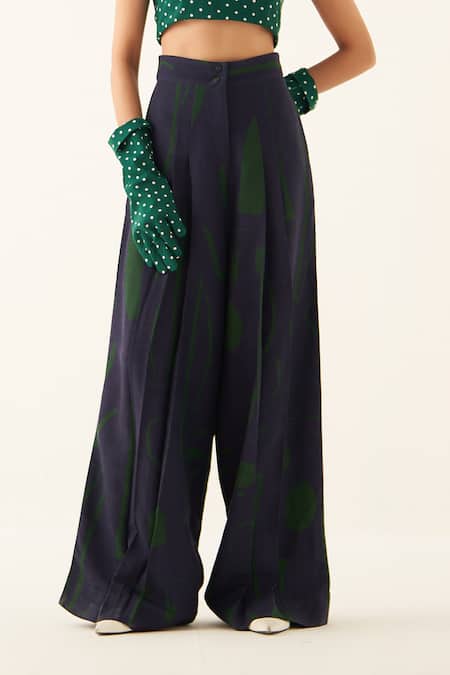 OFRIDA_Blue Cotton, Linen Last Mist Hand Painted Pleated Pant_Online_at_Aza_Fashions